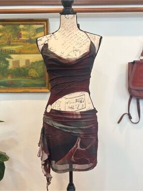 Windsor Y2K Mesh Cutout Mini Dress Brown Abstract Print Small